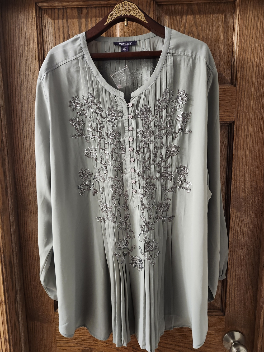 Roaman's Silver Embroidered Pleated Blouse